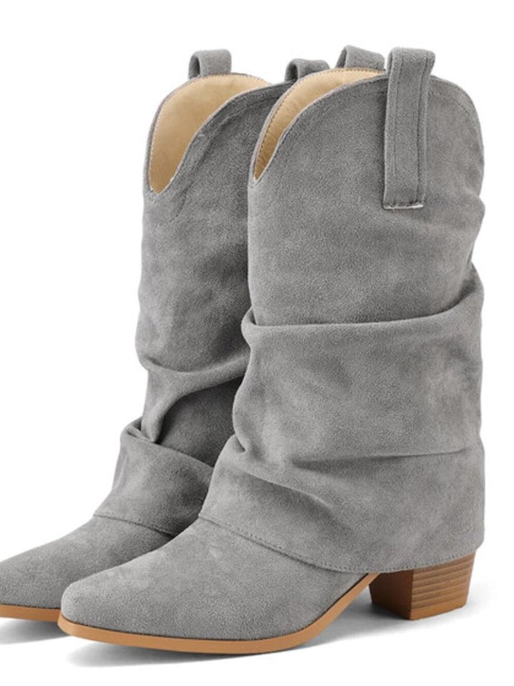 Women's Fold Over Boots Mid Calf Slouchy Pointed Toe Chunky Boots